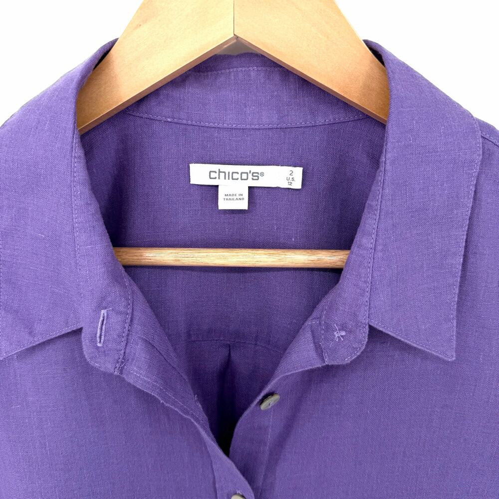 Chico’s 100% Linen Purple Button Front 3/4 Sleeve Blouse Size 2 US 12 - Picture 7 of 10
